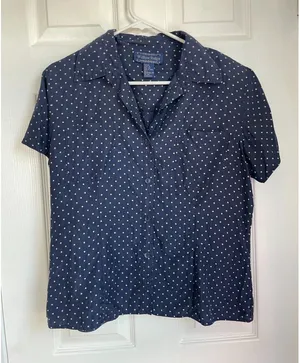 Vtg Willow Ridge Top Womens Size L Silk Button Navy polk dot Boxy Mom 90s thumbnail 1