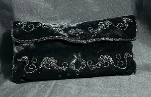 Walborg Handmade Black Beaded Velvet Foldover Clutch thumbnail 1
