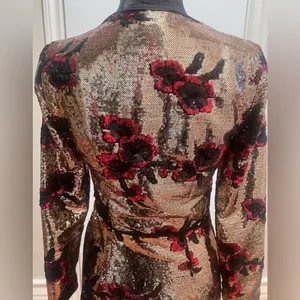 ZARA Gold with Red & Black Floral‎ Sequins Crossover Wrap Mini Dress Size XS thumbnail 13
