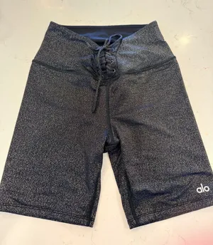 Alo Yoga Interlocking Lace-Up Glitter Biker Shorts - Black Silver - XS thumbnail 1