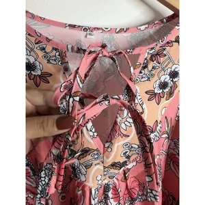 NEW Boho Floral Peasant Blouse‎ Tie Neck Long Sleeve Coral Pink XL Flowy Spring thumbnail 8