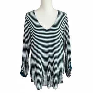 Anthropologie Akemia Kin Striped V-Neck Long Sleeve Tunic‎ Top Green White thumbnail 2