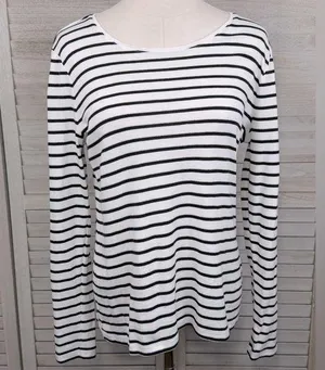 CHARTER CLUB Women's Black & White Striped Long Sleeve T-Shirt-Large thumbnail 1