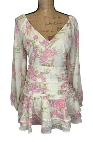 Showpo White Pink Floral Long Sleeve Mini Dress Ruched Waist Coquette Size 6‎ thumbnail 1