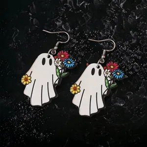 White Ghost Colorful Flower Design‎ Dangle Halloween Earrings Wooden Jewelry thumbnail 2