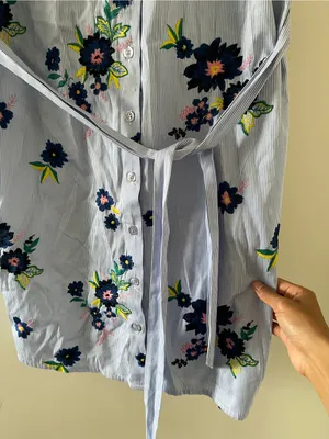 Eci Light Blue Floral Embroidered Pinstripe Shirt Button Up Mini Dress 4 Cottage thumbnail 4