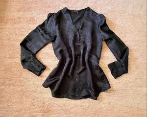 Massimo Dutti Black Monogram Silk Viscose Sheer Button Front Blouse Size XS thumbnail 3