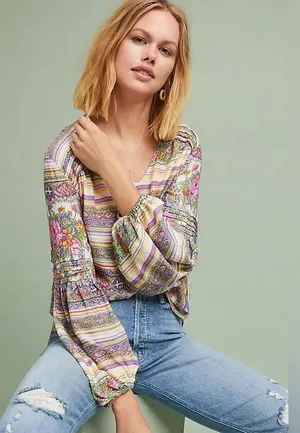 Anthropologie Maeve Gorgeous Boho Floral Puff Sleeve‎ Ceresco Peasant Top thumbnail 1