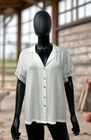 Flora Nikrooz‎ Lace Trim Top L | 100% Rayon | Short Sleeve Button Front thumbnail 1