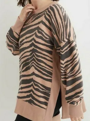 Aerie Good Vibes Crewneck Sweatshirt Tiger Zebra Tan Brown thumbnail 1