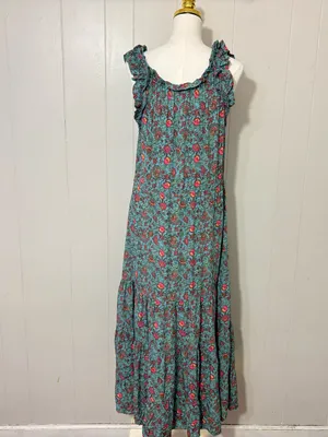 Natural Life Maddie Maxi Dress Turquoise Pink Floral Ruffle Boho Size M thumbnail 7