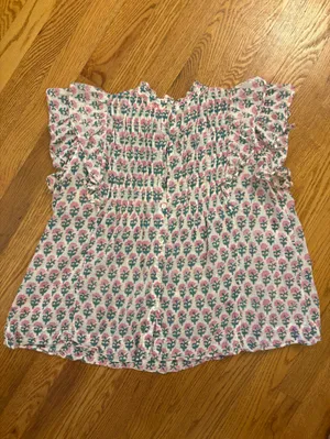 Oliphant Floral Smocked Ruffle Blouse Pink Teal Cottagecore Boho Top | S thumbnail 5