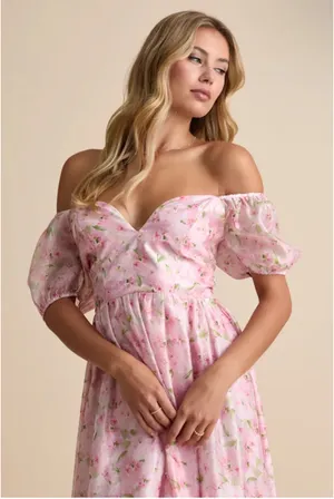 Lulus Sincerely Wondrous Pink Floral Puff Sleeve Tiered Midi Dress thumbnail 2