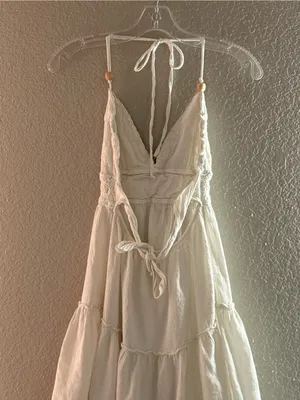 Off White Crochet Halter Beaded Tie Back Boho Tiered Mini Dress Tunic thumbnail 6