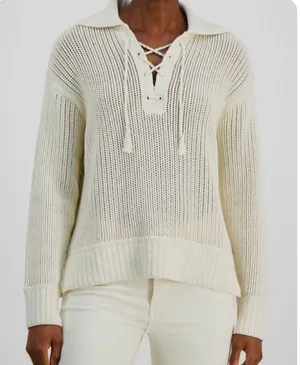 Joie Long Sleeve Lace Up Collared Crochet Polo Sweater Cream White Small thumbnail 1