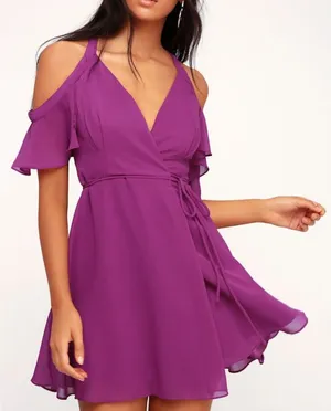 NEW Lulus Bombshell Magenta Purple Off-the-Shoulder Flirty Wrap Mini Dress XL thumbnail 1