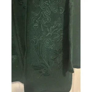 Women's Open Knit Long Cardigan Sweater Embroidered Size Medium Dark Green Wool thumbnail 2