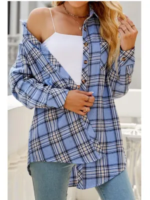 CHYRII Amazon Brand Women’s Oversized Blue Plaid Flannel Button Down Shirt thumbnail 5