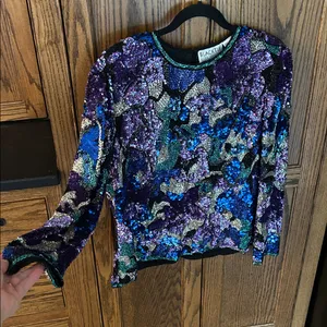 Black Tie Oleg Cassini sequin beaded blouse top VTG‎ teal sparkle cocktail Large thumbnail 6
