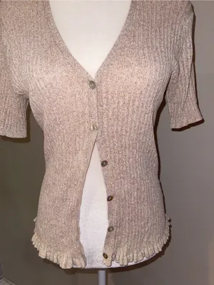 Ribbed Short-Sleeve V-Neck Sweater Cardigan - Cream thumbnail 3