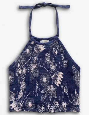 Urban Outfitters Navy Blue Pink Floral Smocked Halter Crop Top XS Boho Summer thumbnail 1