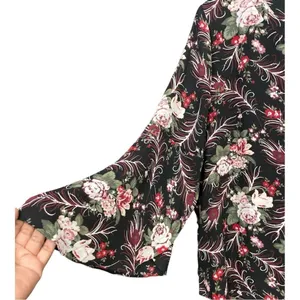 LOFT Black Floral Bell Sleeve Blouse Size M thumbnail 5
