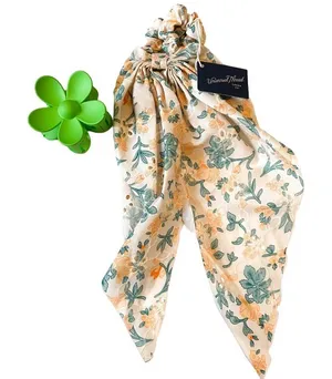 Universal Threads Green Floral Scrunchie Ribbon Hair Tie & Claw Clip Set Cottage thumbnail 1