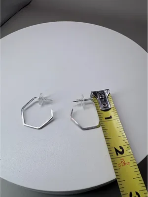 Silver Tone Geometric Hexagon Hoop Earrings Open Hoop Studs with Free Backs thumbnail 2