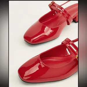 Red patent faux leather square toe double strap buckle strappy flats thumbnail 4