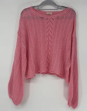 POL Pink Open Knit Cropped Oversized‎ Sweater Balloon Sleeve Crochet Pullover L thumbnail 1