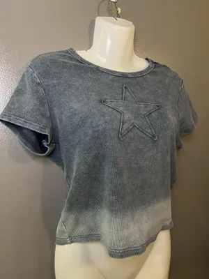 Star Applique Shirt Womens Large Blue Washed Ribbed Cropped Short Sleeve Tee Top thumbnail 2