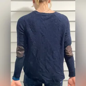 Navy sweater with brown leather elbow pads thumbnail 2