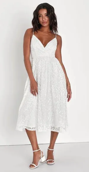 Lulus Dreamy Drama White Lace Sequin A-Line Midi Dress thumbnail 1