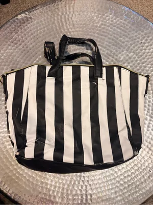 Vintage Black & White Stripe Tote with Large Pink Bow thumbnail 2