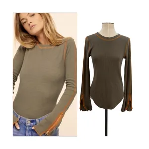 Free People Waffle‎ Knit Thermal Top Olive Green Zip Cuff Long Sleeve Womens M thumbnail 2