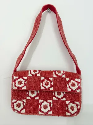 Anthropologie The Fiona Beaded Bag: Red and While Floral Festive Holiday thumbnail 1