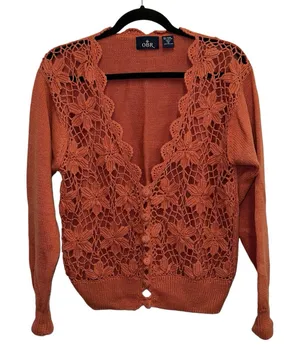 OBR Rust Crochet Lace Cardigan‎ Medium Boho Open Knit Button Front Sweater thumbnail 1