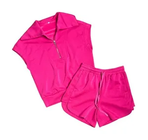 Pink Half Zip Sleeveless Cropped Sweatshirt & High Waisted Shorts Set Size Small thumbnail 1