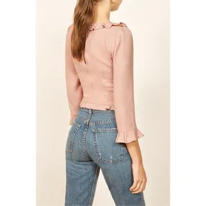 Reformation Pink Ruffle Square Neck‎ Blouse Long Sleeve Side Zip Top 12 / L thumbnail 3
