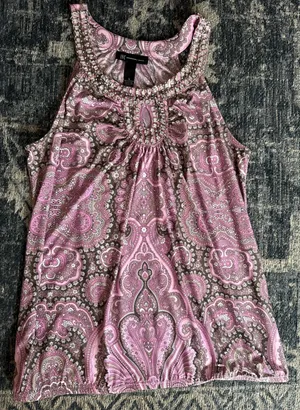 Y2K Beaded Pink Paisley Top Size Large INC Halter Keyhole Neck Blouse Boho Glam thumbnail 1