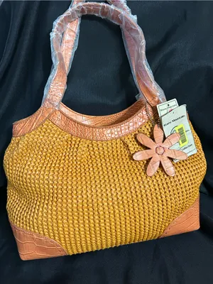 Stone Mountain Havana Orange Woven Tote Bag Tan Trim Flower Charm NWT thumbnail 1