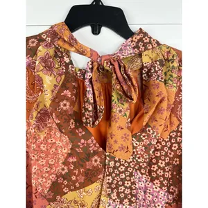 AURA Blouse Womens Size L Patchwork Tie Neck Long Sleeve Bohemian Relaxed Fit thumbnail 7