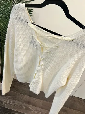 Women's Cream V-Neck Knit Sweater thumbnail 2