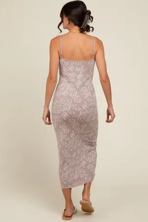 PinkBlush Beige Floral Knit Fitted Maternity Midi Dress thumbnail 3