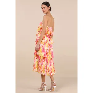 NWT Lulus Nessa Yellow and Pink Abstract Plisse Tiered Midi Dress Colorful Sz XL thumbnail 3