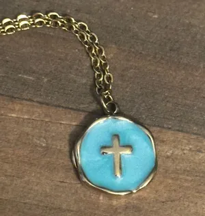 Gold tone SS enamel circle pendant with cross necklace thumbnail 3