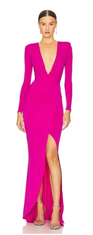 Nookie Pink Fuchsia Farrah Evening Gown Long Sleeve Stretch L thumbnail 1