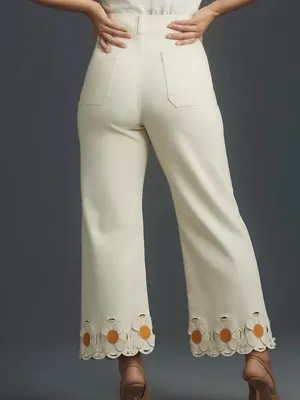 Maeve Anthropologie Colette Wide-Leg Jeans Daisy Cutwork Hem cottagecore whimsy thumbnail 3