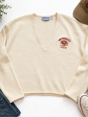 Etonic Vintage San Francisco 49ers Zephyr Wool V-Neck Sweater Cream L *HOLE* thumbnail 4
