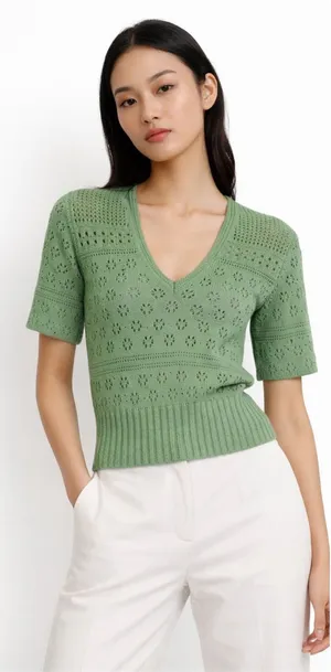 Sandro Paris Joe Pointelle Open Knit Top M Green‎ Cottagecore Soft Girl Romantic thumbnail 1